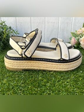 Tory Burch Women’s canvas/perfect black platform  Espadrille Sandals size 10